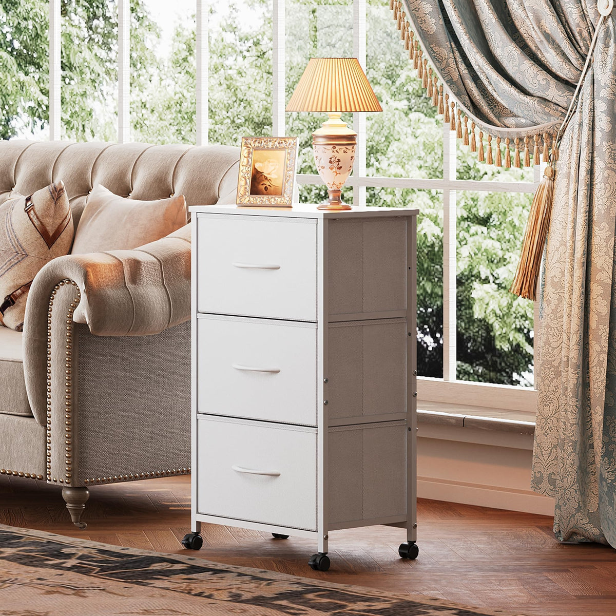 Wlive Dresser With 3 Drawers, Fabric Nightstand, Cabinet With Wheels, Organizer Storage Dresser For Bedroom, Office, Entryway, Closets, Sturdy Steel Frame, Wood Top, Easy Pull Handle, White