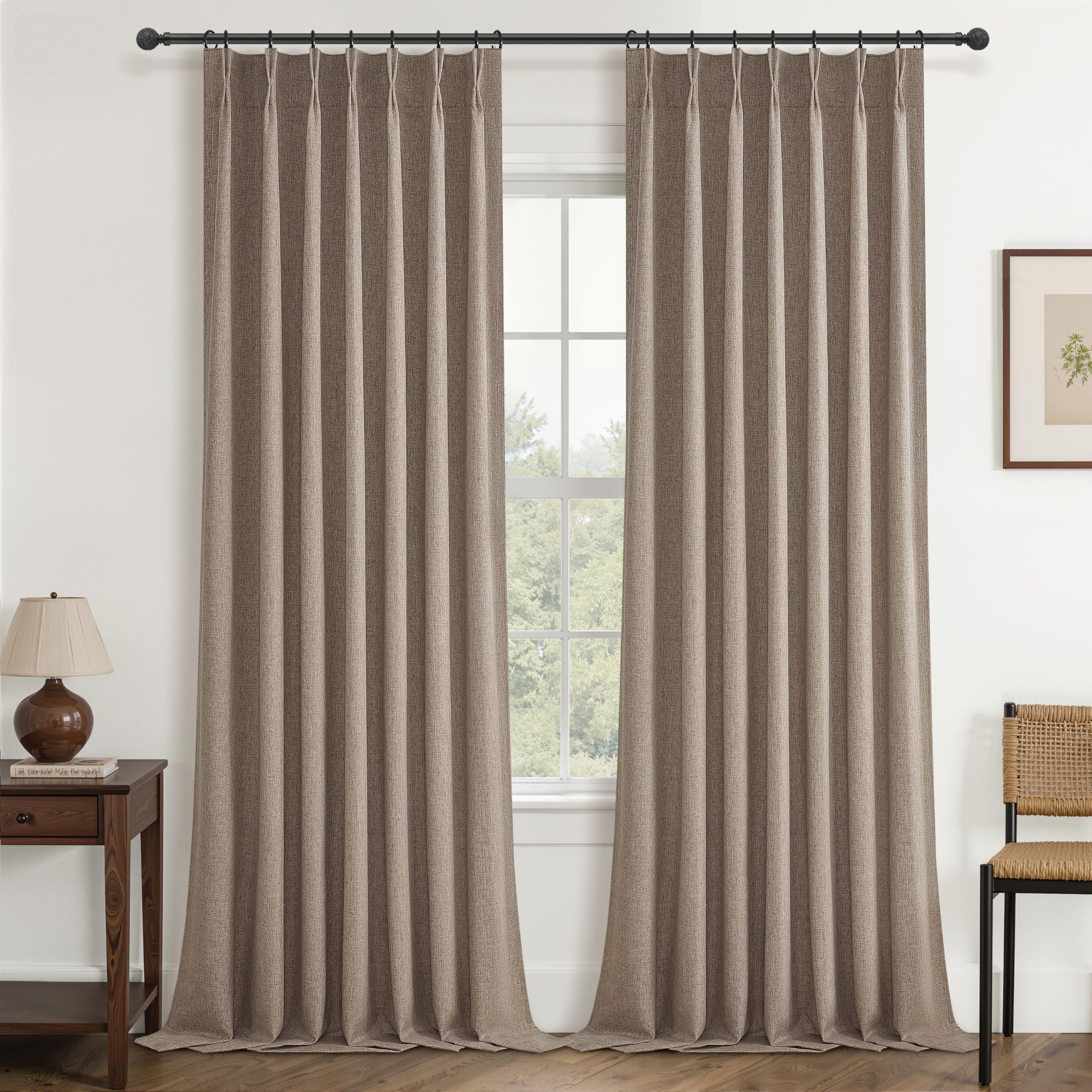 Dark Flax Linen Pinch Pleated Curtains 102 Inches Long Heavy Duty Thermal Insulated Extra length Burg for Dining Room Cottage To