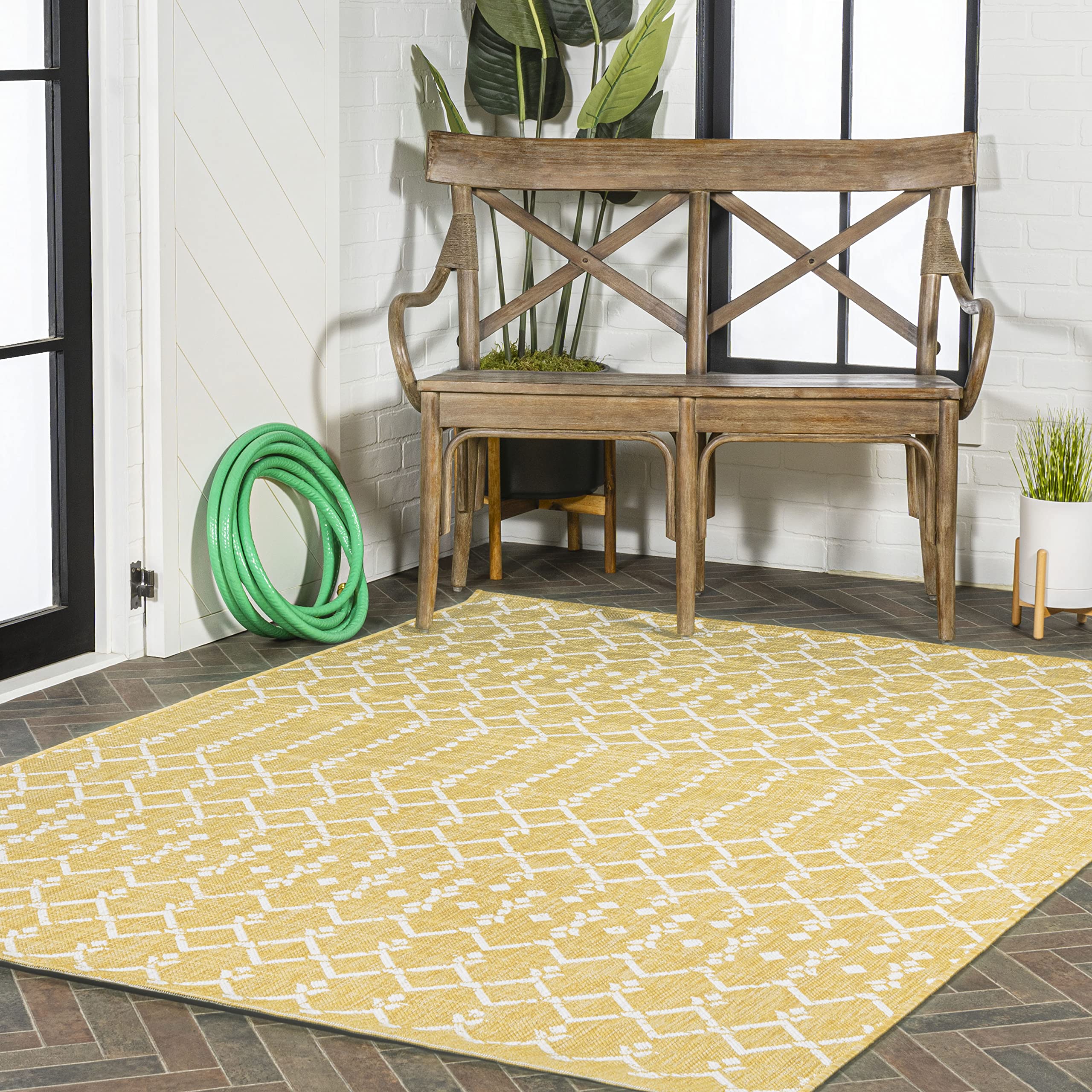 Jonathan Y Smb108G-5 Ourika Moroccan Geometric Textured Weave Indoor Outdoor Area Rug, Coastal, Traditional, Transitional Easy Cleaning,Bedroom,Kitchen,Backyard,Patio,Non Shedding, Yellow/Cream, 5 X 8