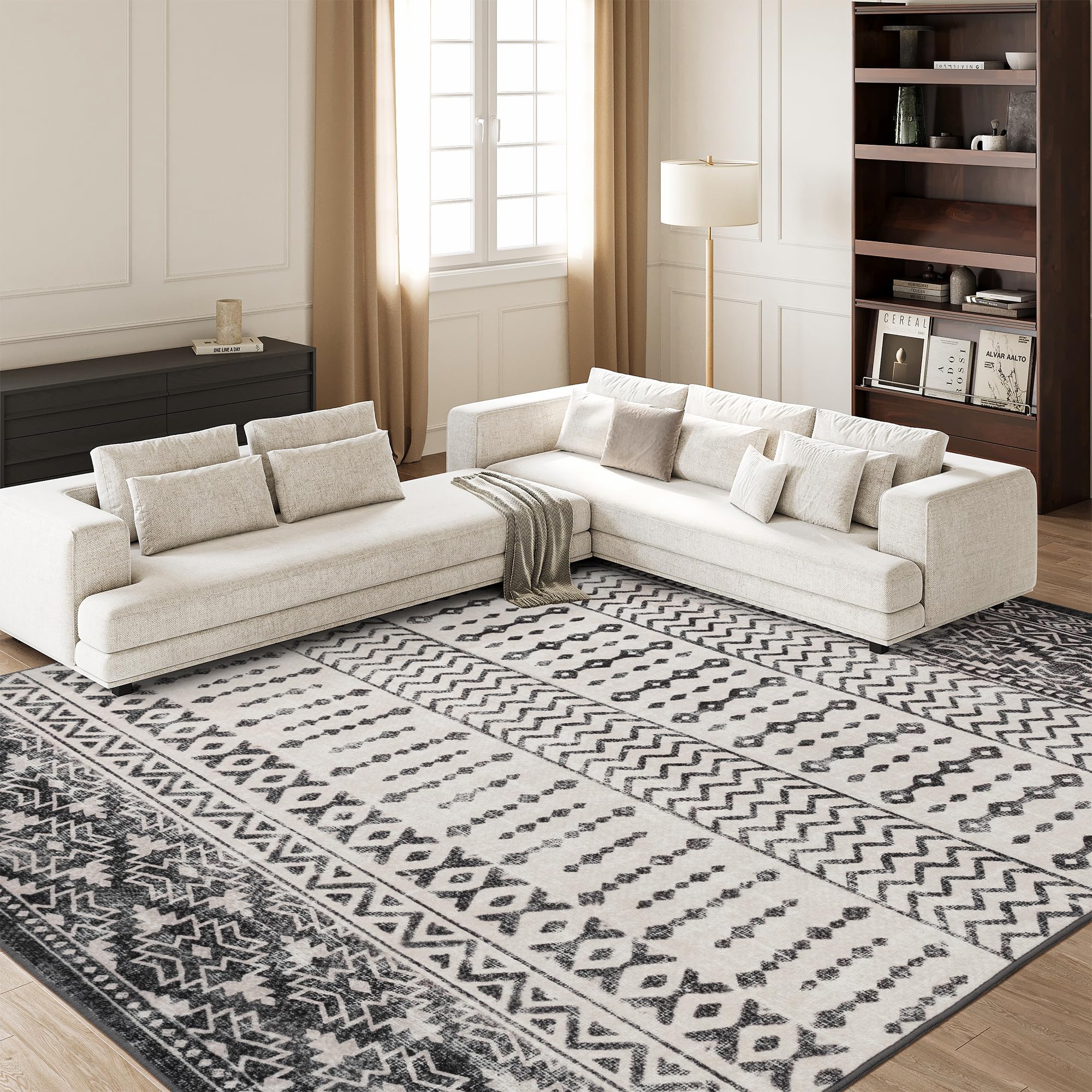 Art&Tuft 8X10 Area Rug, Super Soft Ultra-Thin Moroccan Washable Rug, Anti-Slip Backing Rugs For Living Room, Foldable Geometric
