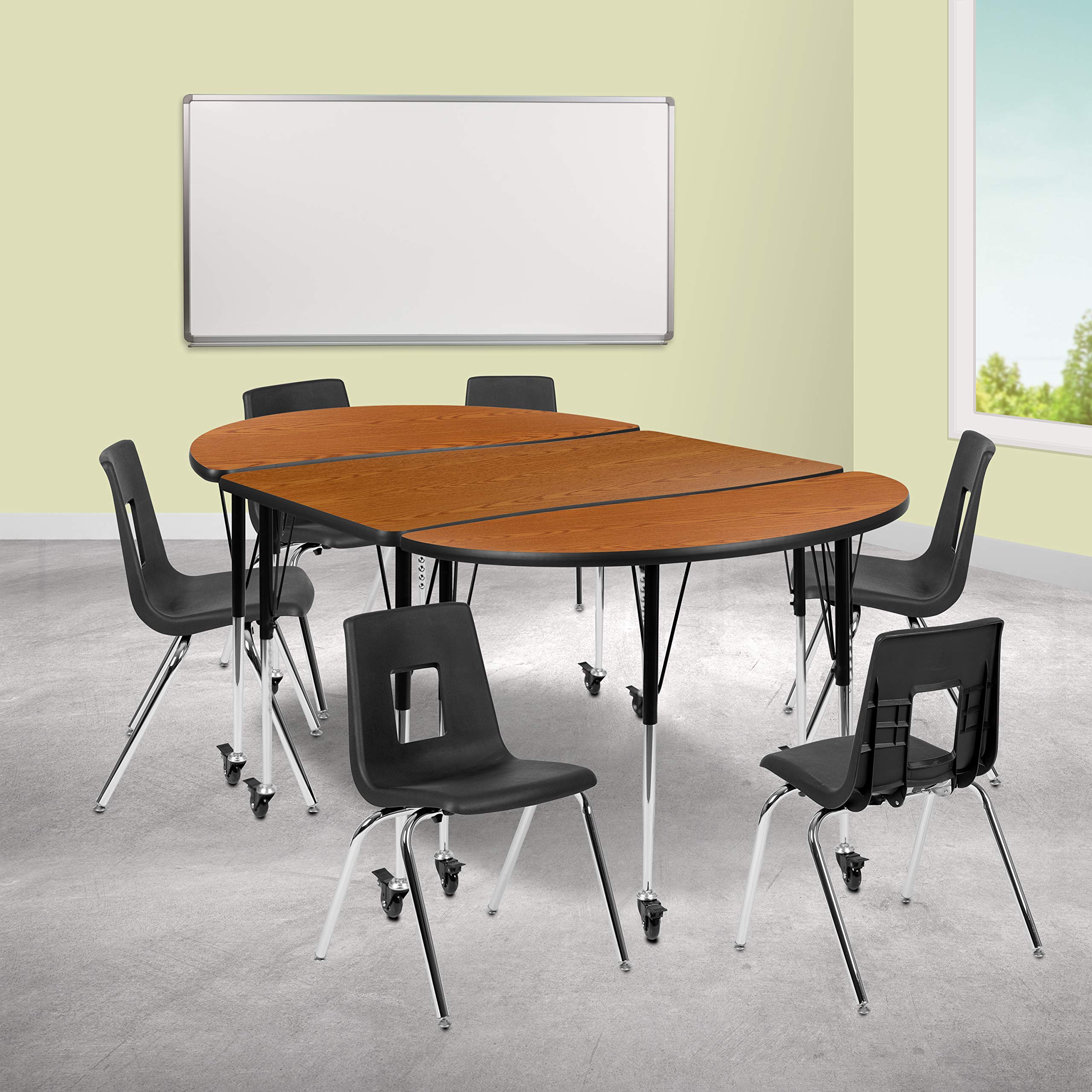 Flash Furniture Mobile 76 Oval Wave Collaborative Laminate Activity Table Set with 18 Student Stack Chairs, Oak/Black