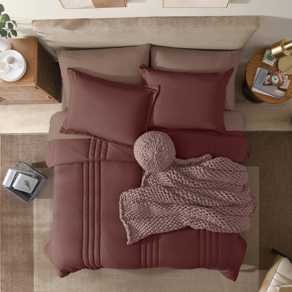 Monbix Queen Comforter Set - 7 Pieces Dark Red Bed In A Bag Queen Bedding Sets With Comforters, All Seasons Down Alternative Com