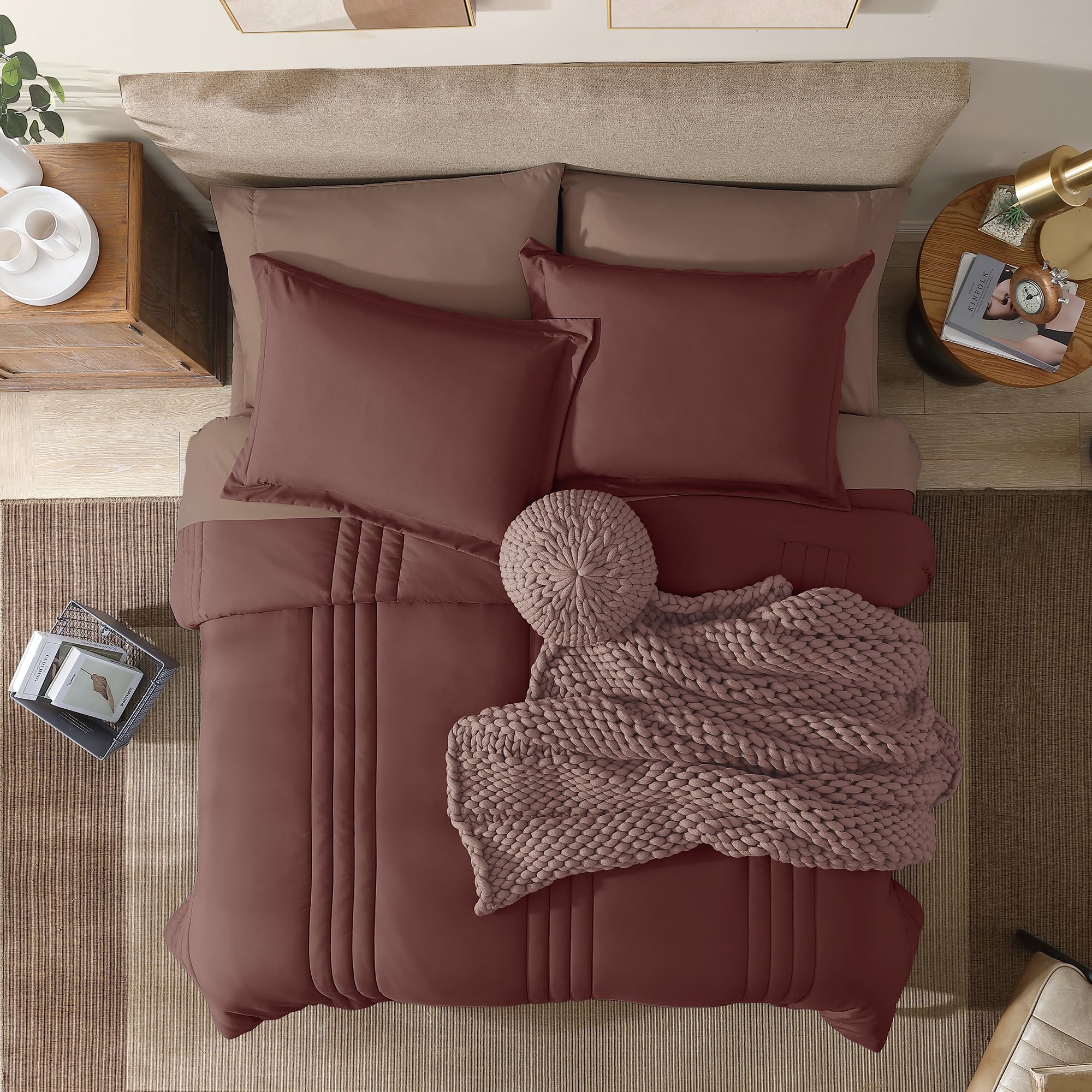 Monbix Queen Comforter Set - 7 Pieces Dark Red Bed In A Bag Queen Bedding Sets With Comforters, All Seasons Down Alternative Com