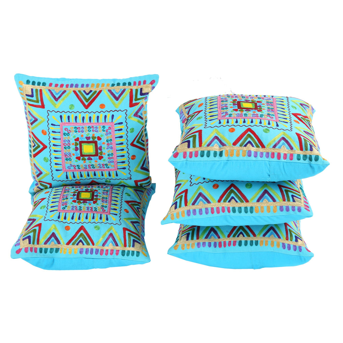 Indigenous Handicrafts Multicolor Cotton Embroidered Cushion Cover Set Of 5 Piece (41X41 Cm)