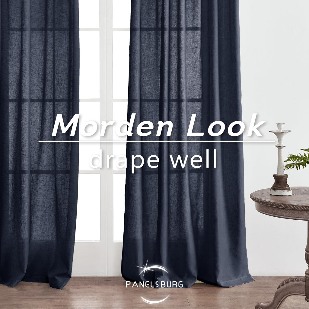 Panelsburg Navy Blue Curtains 84 Inch Length 2 Panels Set,Back Tab Hooks Belt Boho Farmhouse Light Filtering Semi Sheer Linen Ki