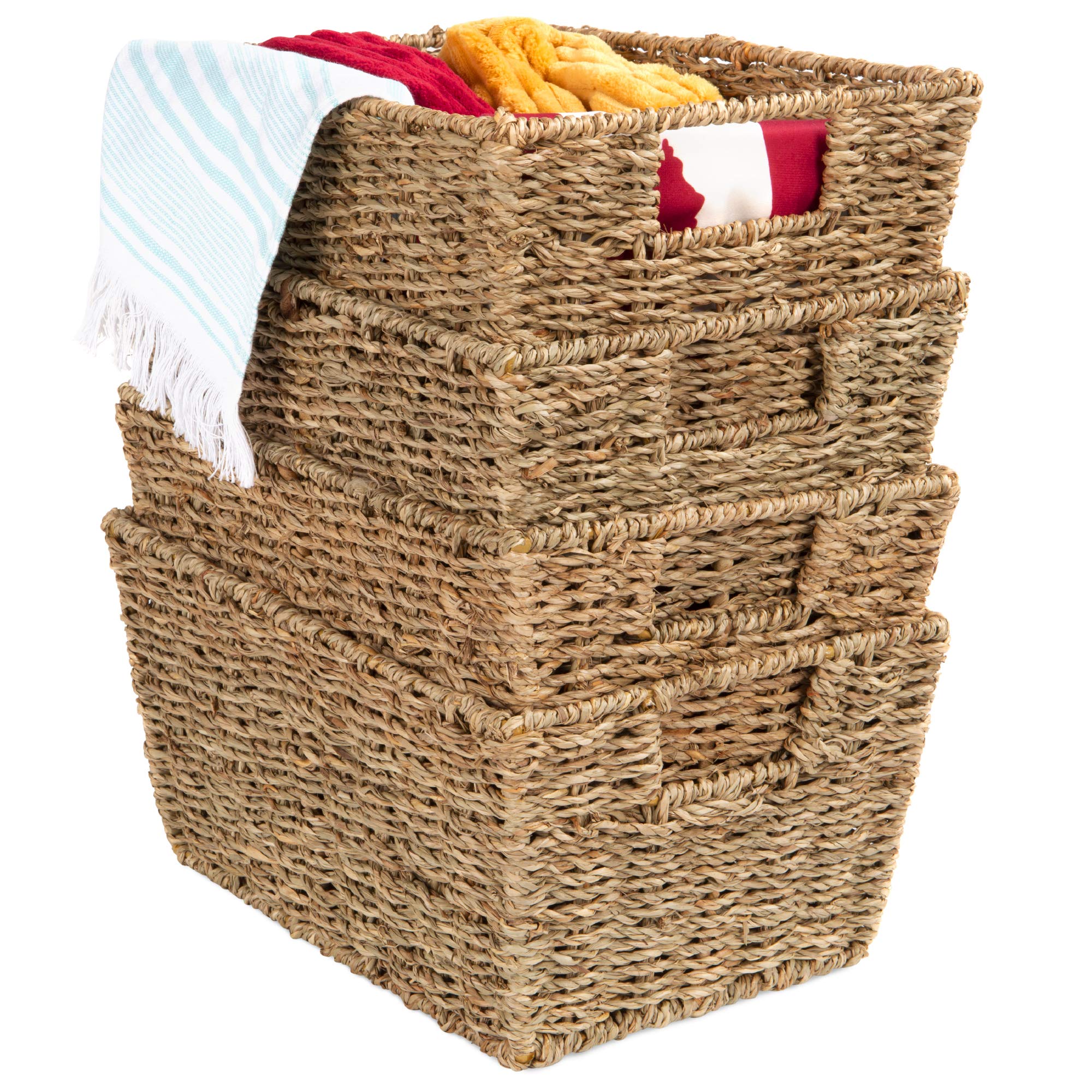 Best Choice Products Rustic Set Of 4 Multipurpose Stackable Seagrass Storage Basket, Handwoven Laundry Organizer Totes for Bedro