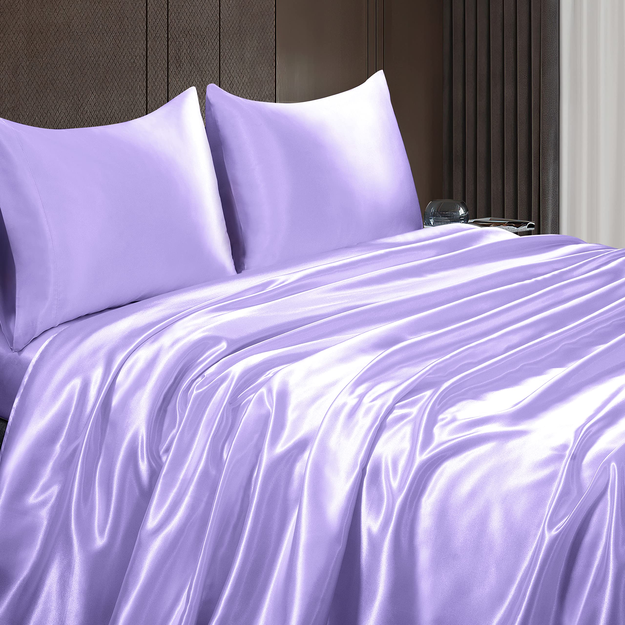 Homiest 4Pcs Satin Sheets Set Luxury Silky Satin Bedding Set With Deep Pocket, 1 Fitted Sheet + 1 Flat Sheet + 2 Pillowcases (Full Size, Lavender)