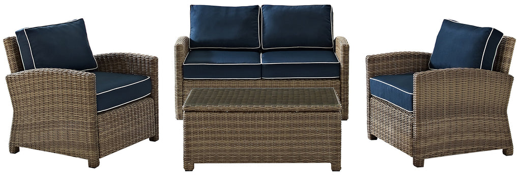 Crosley Furniture Bradenton 4-Piece Outdoor Loveseat Patio Furniture Set, Wicker Conversation Sets for Porch, Brown with Navy Cushions