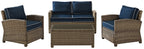 Crosley Furniture Bradenton 4-Piece Outdoor Loveseat Patio Furniture Set, Wicker Conversation Sets for Porch, Brown with Navy Cushions