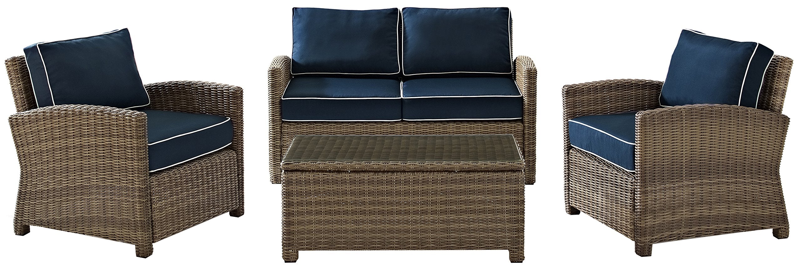 Crosley Furniture Bradenton 4-Piece Outdoor Loveseat Patio Furniture Set, Wicker Conversation Sets for Porch, Brown with Navy Cushions