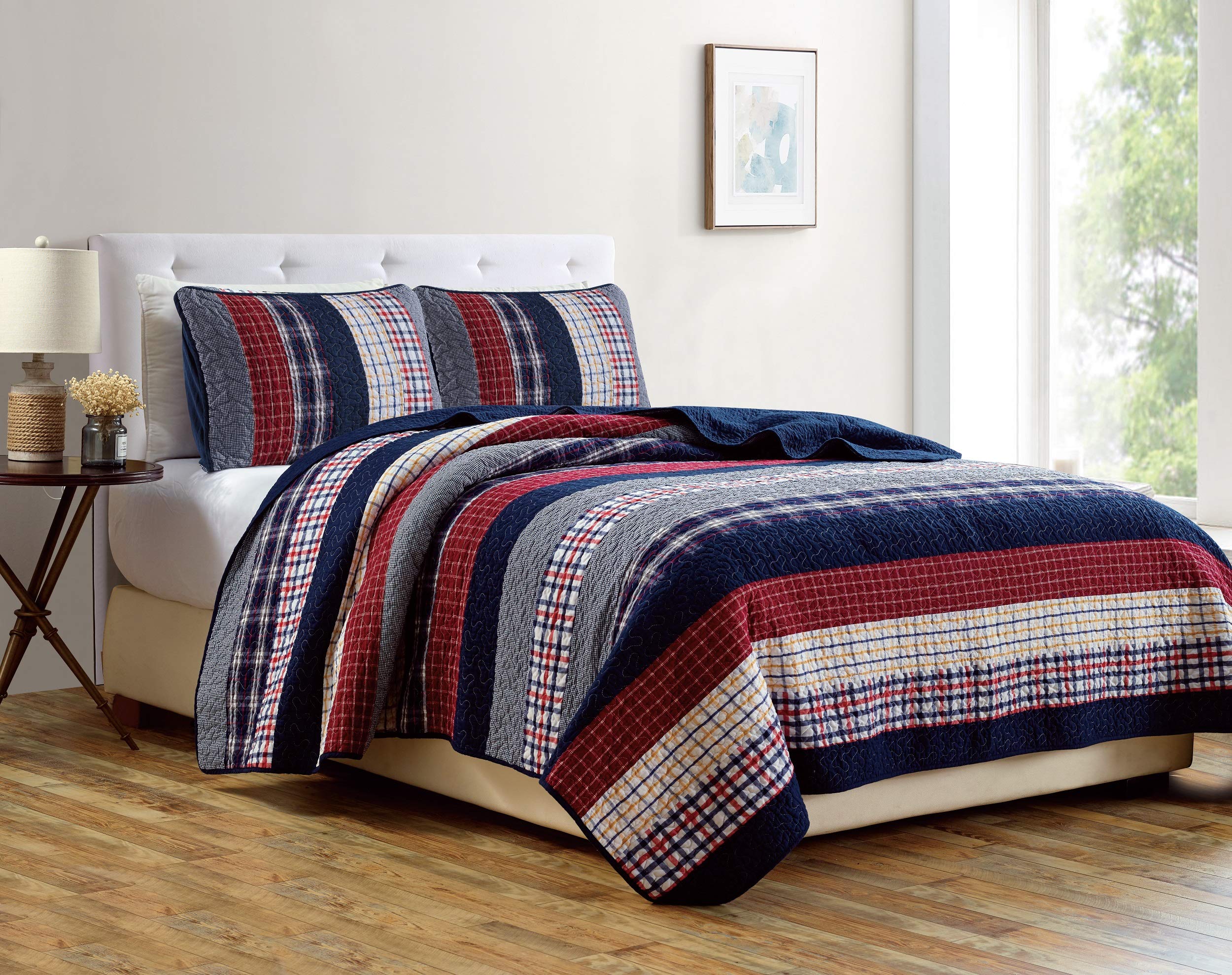 Chezmoi Collection Milton 3-Piece Plaid Checkered Patchwork Striped Quilted 100% Washed Cotton Reversible Bedspread Quilt Set, K