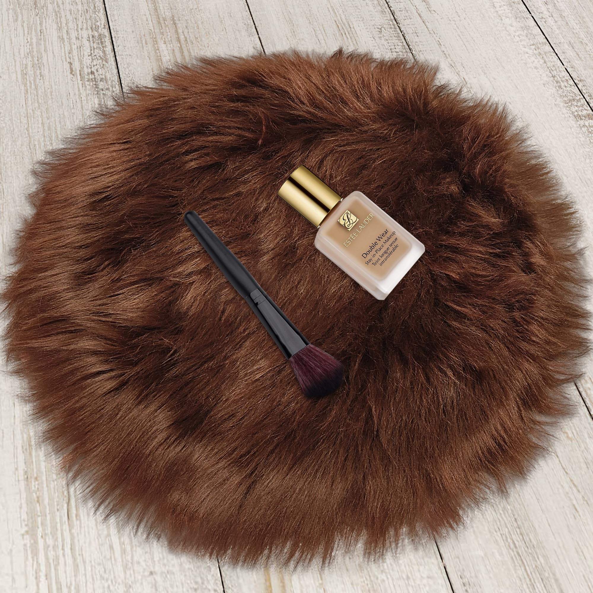 TENNOLA 2ft Small Round Brown Rug,Thick Furry Fluffy Carpet for Teen,Sheepskin Fur Shaggy Circular Rug for Indoor Bedroom Room L