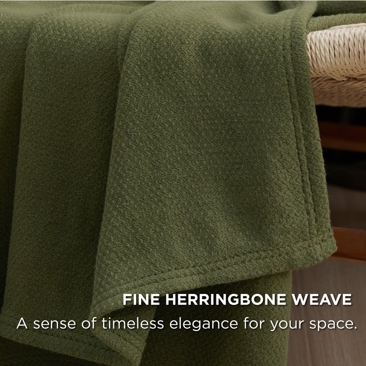Bedsure 100% Cotton Blanket Queen Size For Bed - Breathable And Lightweight, Soft Cozy Textured Herringbone Woven Blanket For Summer Spring, Olive Green, 90X90 Inches