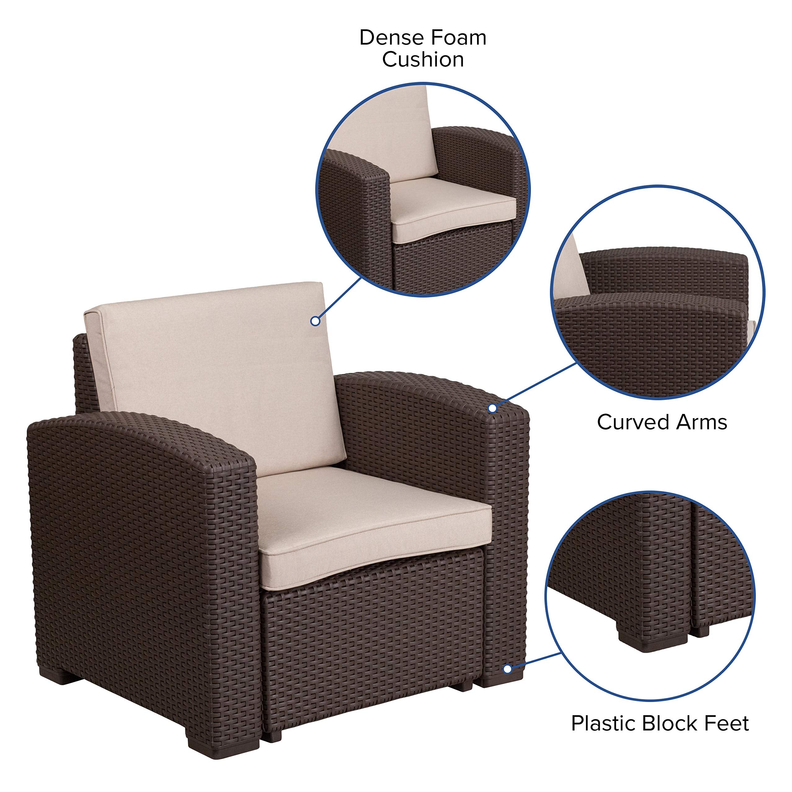 Flash Furniture Seneca Chocolate Brown Faux Rattan Chair with All-Weather Beige Cushion