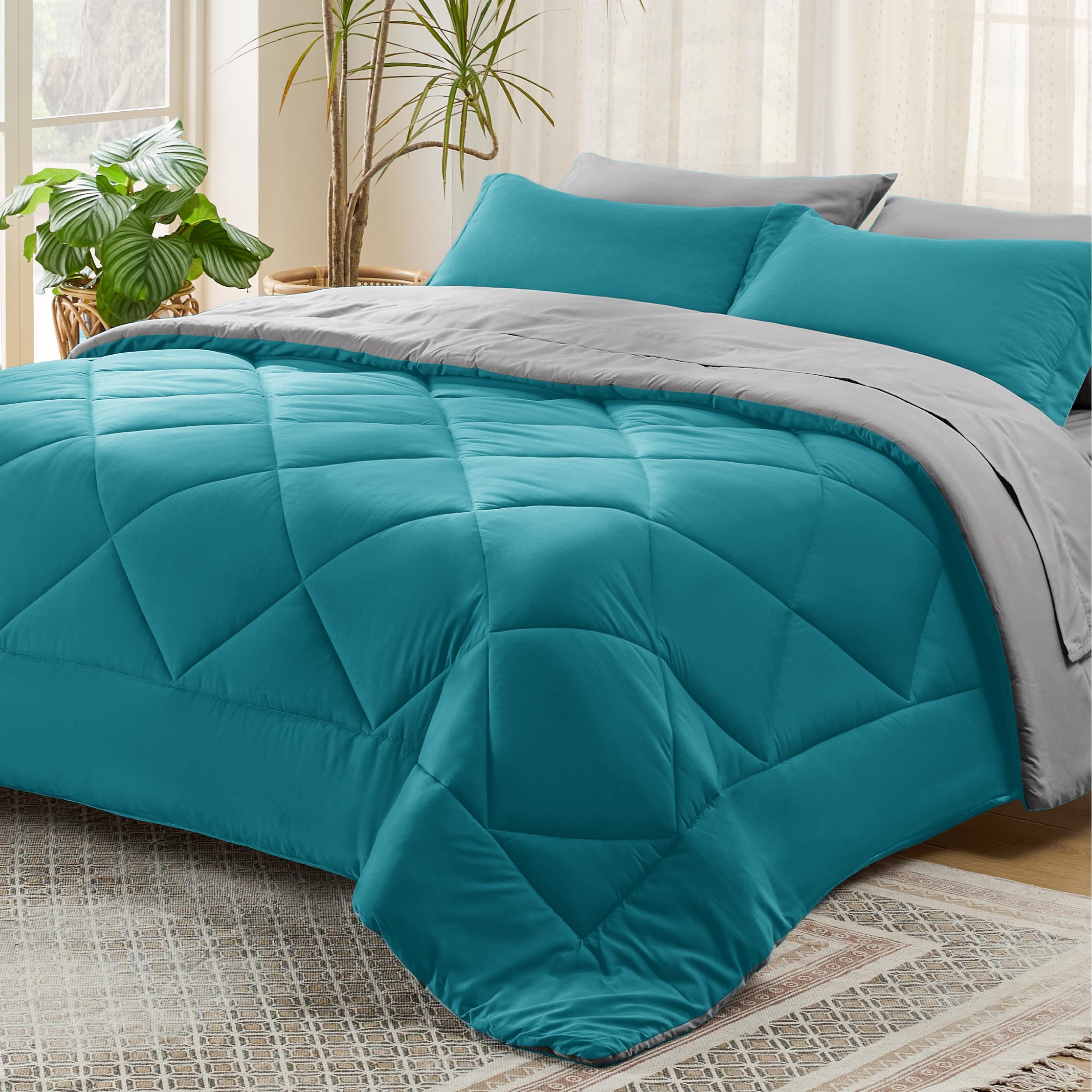 Bedsure Teal King Size Comforter Set - 7 Pieces Reversible King Bed In A Bag King Bed Set With Comforters, Sheets, Pillowcases &