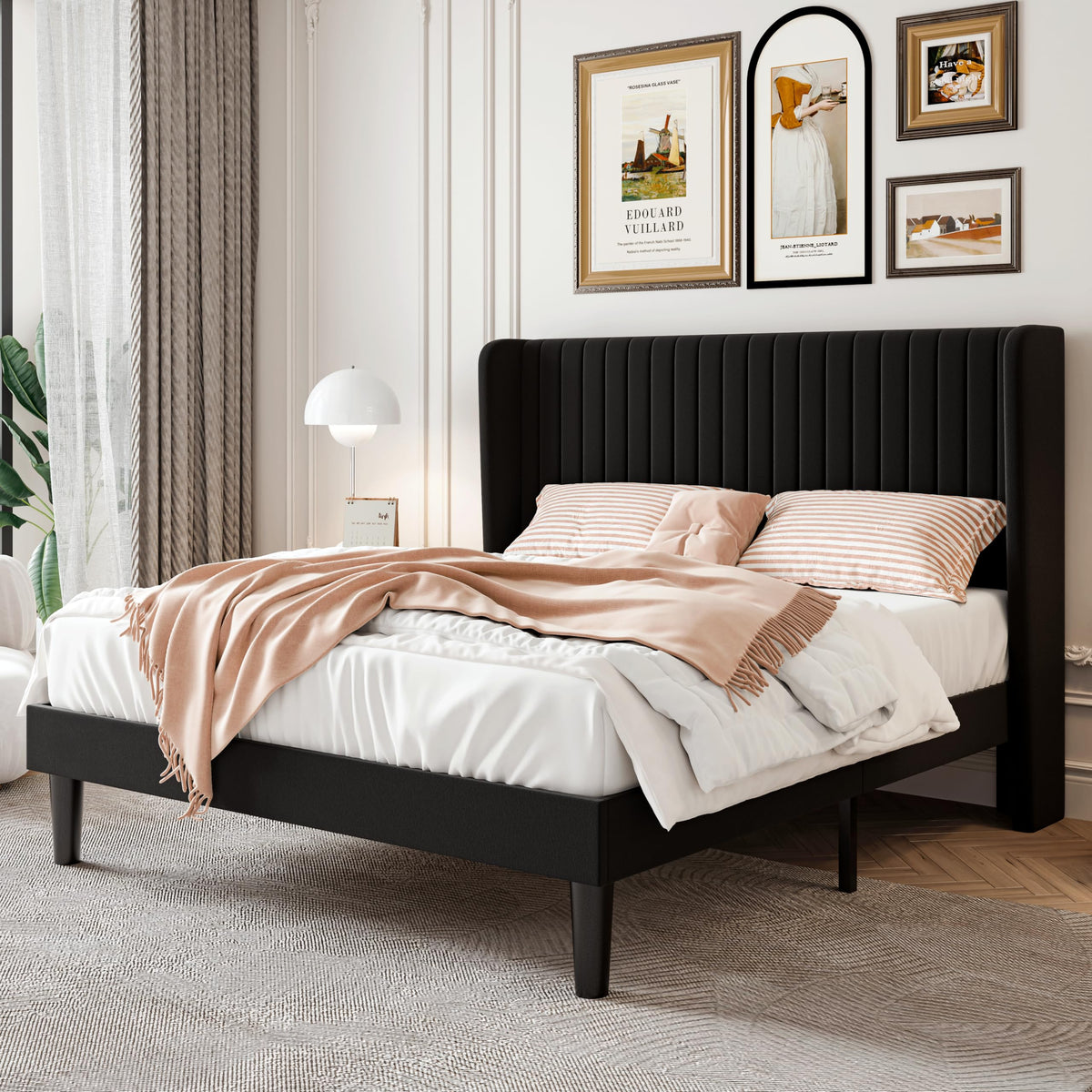 Sha Cerlin Queen Size Velvet Bed Frame With Vertical Channel Tufted Wingback Headboard, Upholstered Platform Bed With Wood Slats, No Box Spring Needed, Easy Assembly, Black