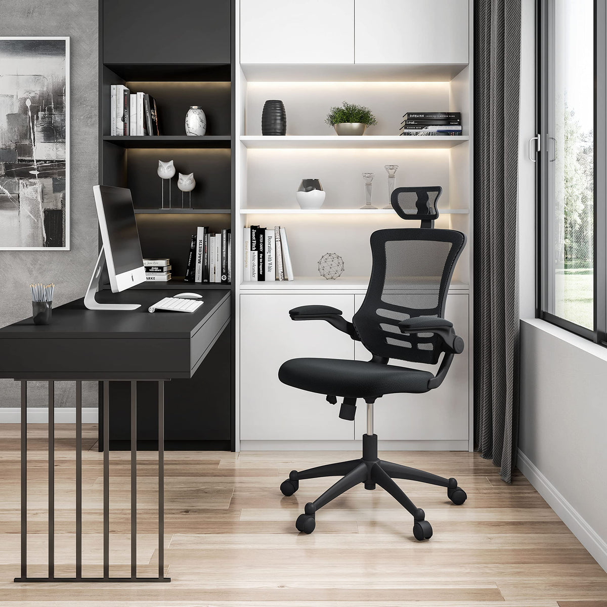 Techni Mobili Modern Ergonomic High-Back Office Chair, Executive Mesh Home Office Chair with Adjustable Headrest & Flip Up Arms, Black , 49.5" x 26.37" x 26.37"