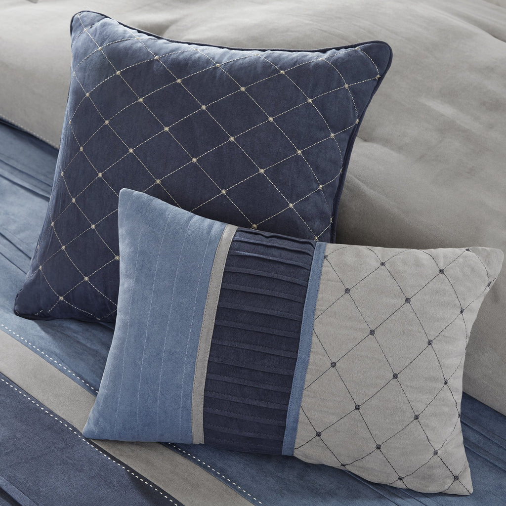 Madison Park Cozy Comforter Set Casual Modern Design - All Season Bedding, Matching Bed Skirt, Decorative Pillows, Collins, Suede Blue Grey King(104'X92') 7 Piece