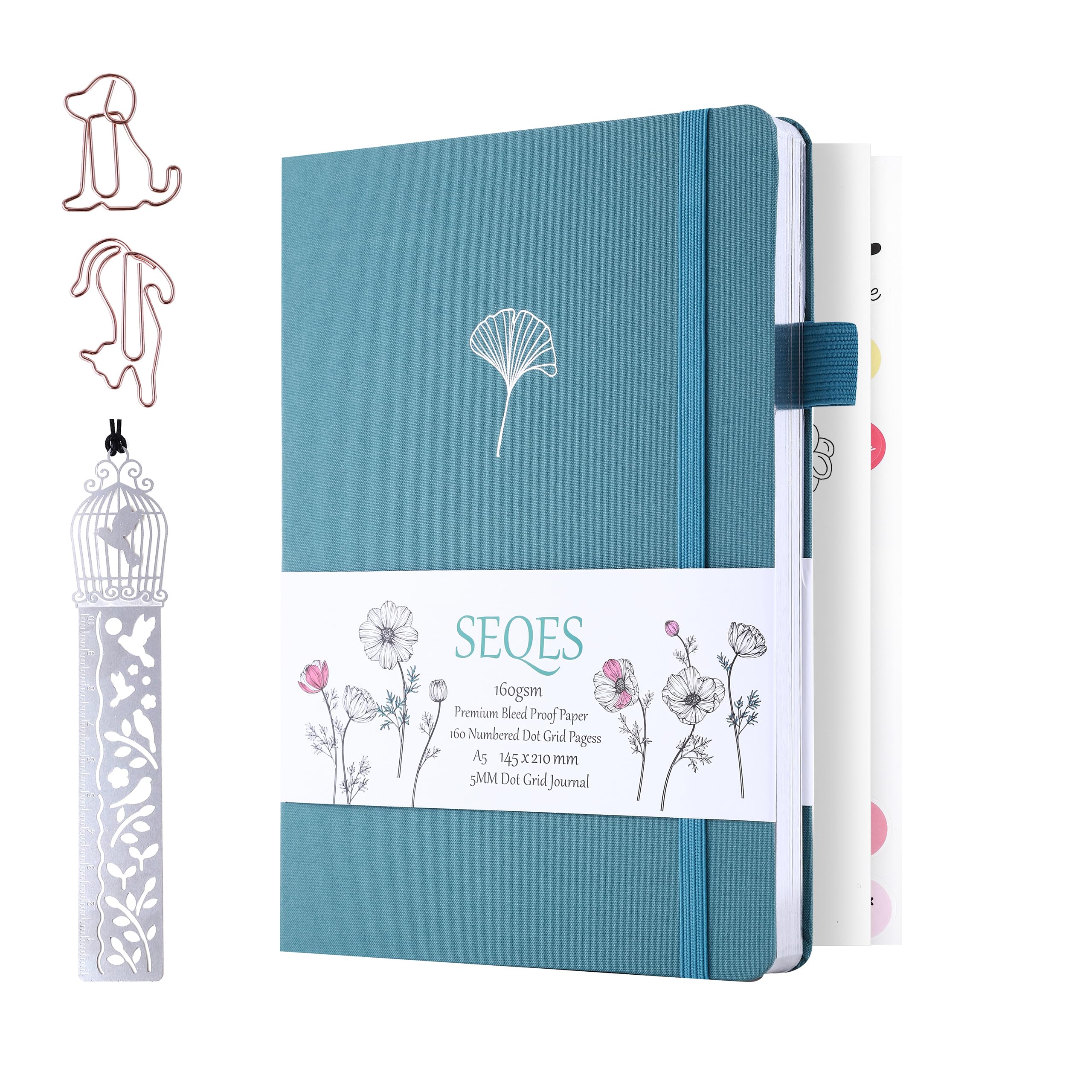 Seqes Bullet Dotted Journal -A5 Dot Grid Notebook 160Gsm Pages Number Bleedproof Paper,Silver Edge And Fabic Hardcover Dot Journ