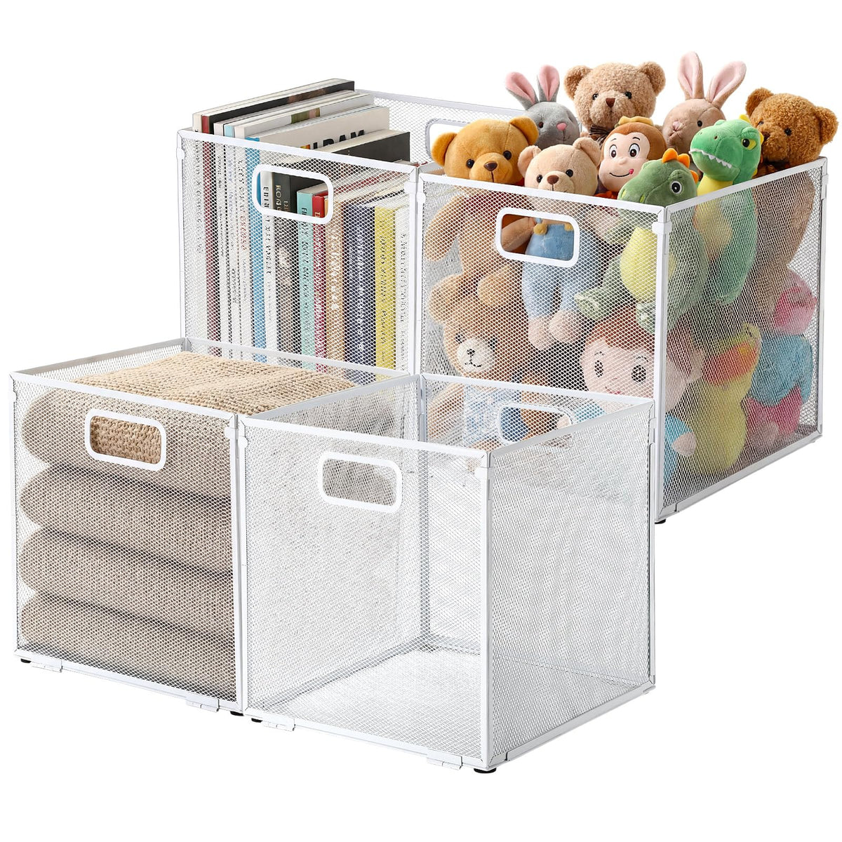 Otoolling 4 Pcs Foldable Metal Cube Storage Bins 11 x 11 Inch, White