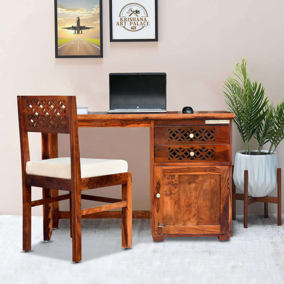 Krishana Art Palace Sheesham Wood Wooden Study Writing Desk Table For Office | Laptop Computer Table With 2 Drawers Storage For