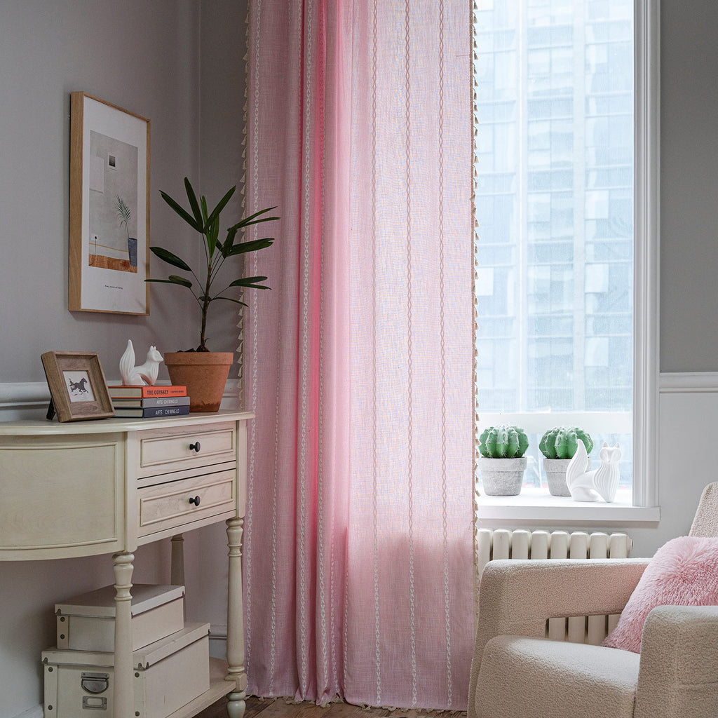 Sutuo Home Boho Curtains For Bedroom 96 Inches Long, Light Filtering Farmhouse Shabby Chic Tassels Window Treatment Bohemian Embroidery Drape, Rod Pocket 1 Panel 52' W X 96' L, Pink