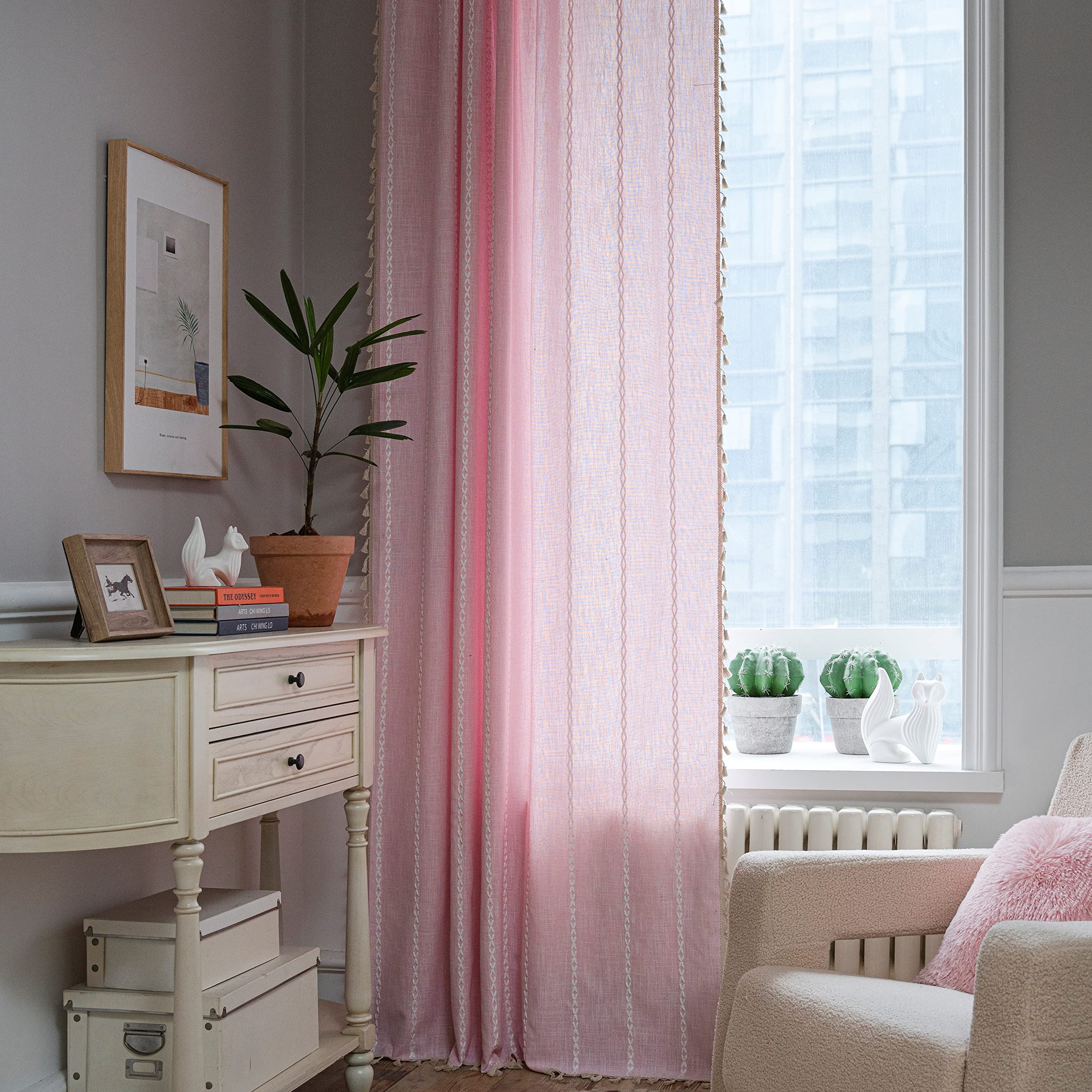 Sutuo Home Boho Curtains For Bedroom 96 Inches Long, Light Filtering Farmhouse Shabby Chic Tassels Window Treatment Bohemian Embroidery Drape, Rod Pocket 1 Panel 52' W X 96' L, Pink