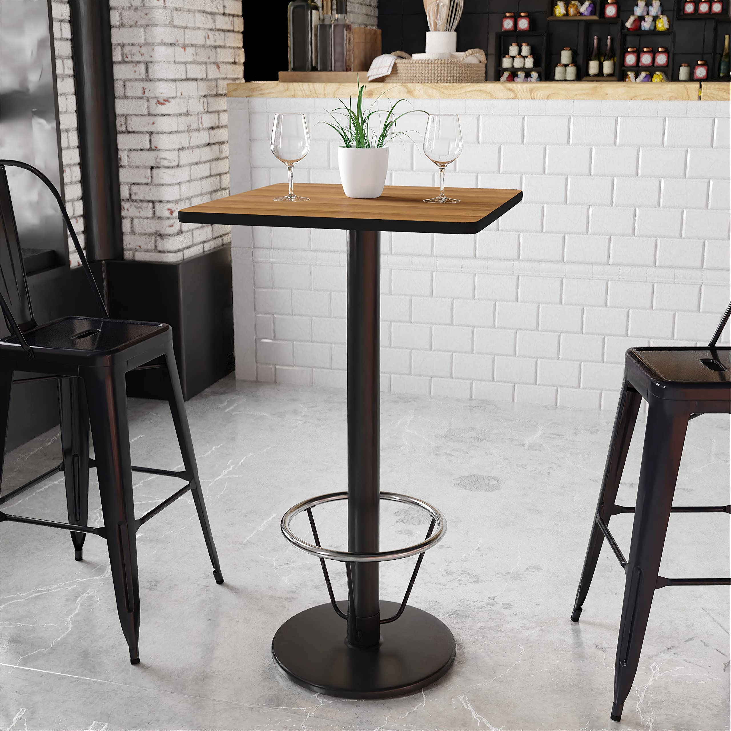 Flash Furniture Stiles 24'' Square Walnut Laminate Table Top With 18'' Round Bar Height Table Base And Foot Ring
