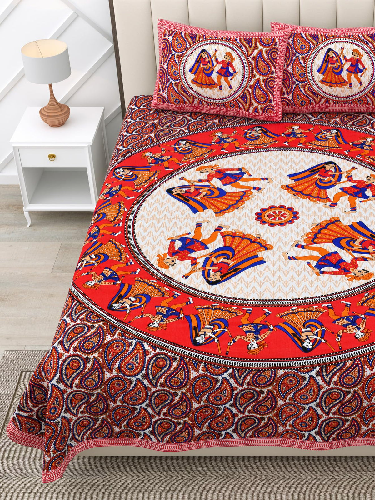RajasthaniKart Classic 3 Piece 144 TC Cotton Double Bedsheet with 2 Pillow Covers  Abstract, Red