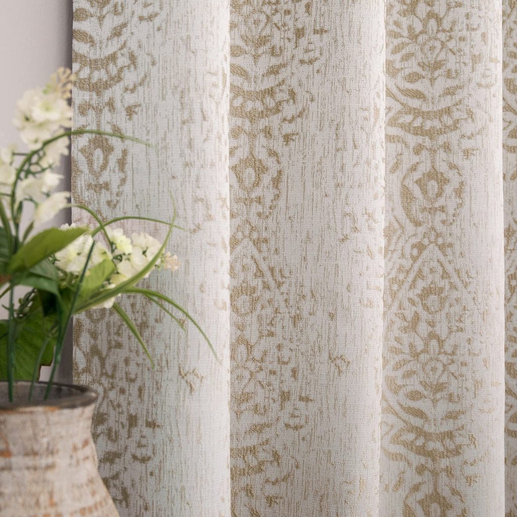 Mrs.Naturall Tan Paisley Curtains For Bedroom 96 Length 50% Blackout Boho Print Bas Relief Extra Long Tufted Curtains For Living Room,52X96 Inches Long