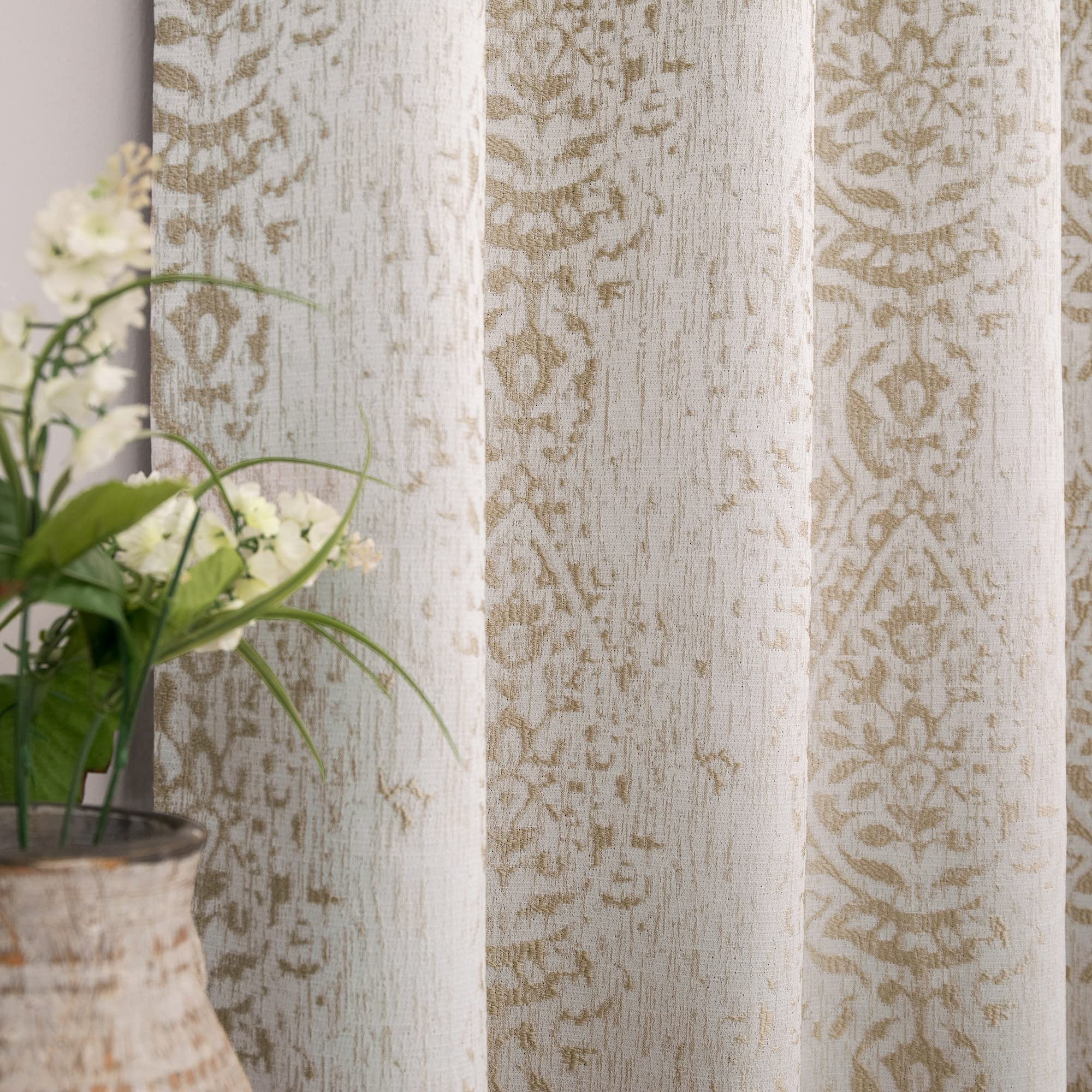 Mrs.Naturall Tan Paisley Curtains For Bedroom 96 Length 50% Blackout Boho Print Bas Relief Extra Long Tufted Curtains For Living Room,52X96 Inches Long