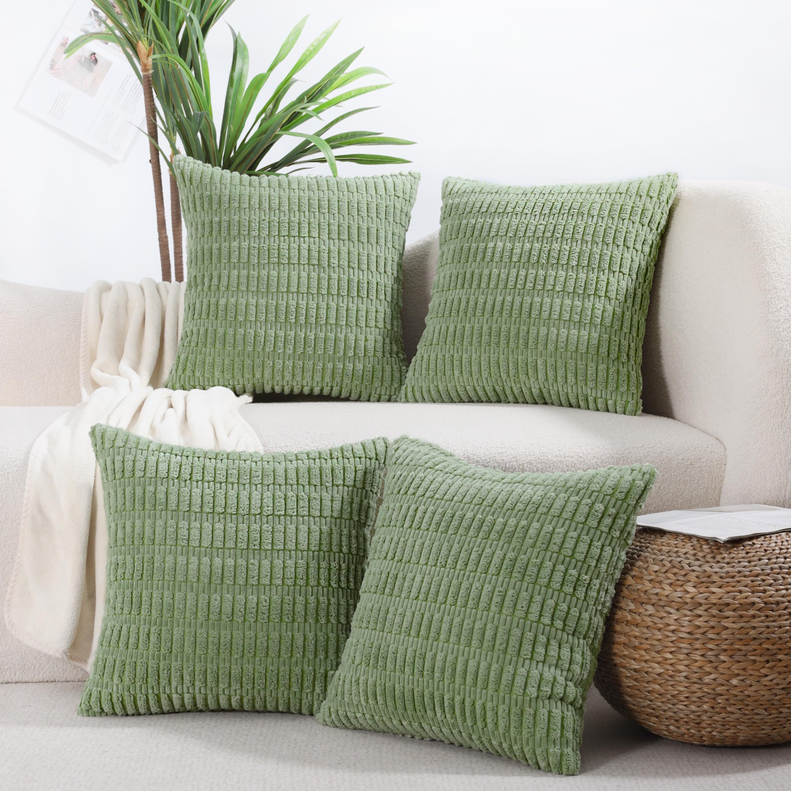 All Smiles Decorative Sage Green Throw Pillow Covers 16X16 Set Of 4 Farmhouse Rustic Boho Home Decor Soft Plush Striped Corduroy