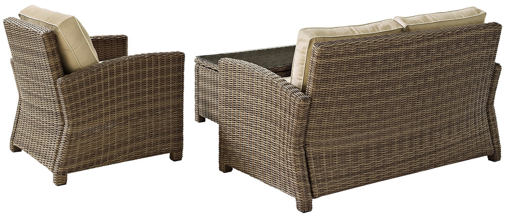 Crosley Furniture Bradenton 3-Piece Outdoor Loveseat Patio Furniture Set, Wicker Conversation Sets for Porch, Brown with Sand Cushions
