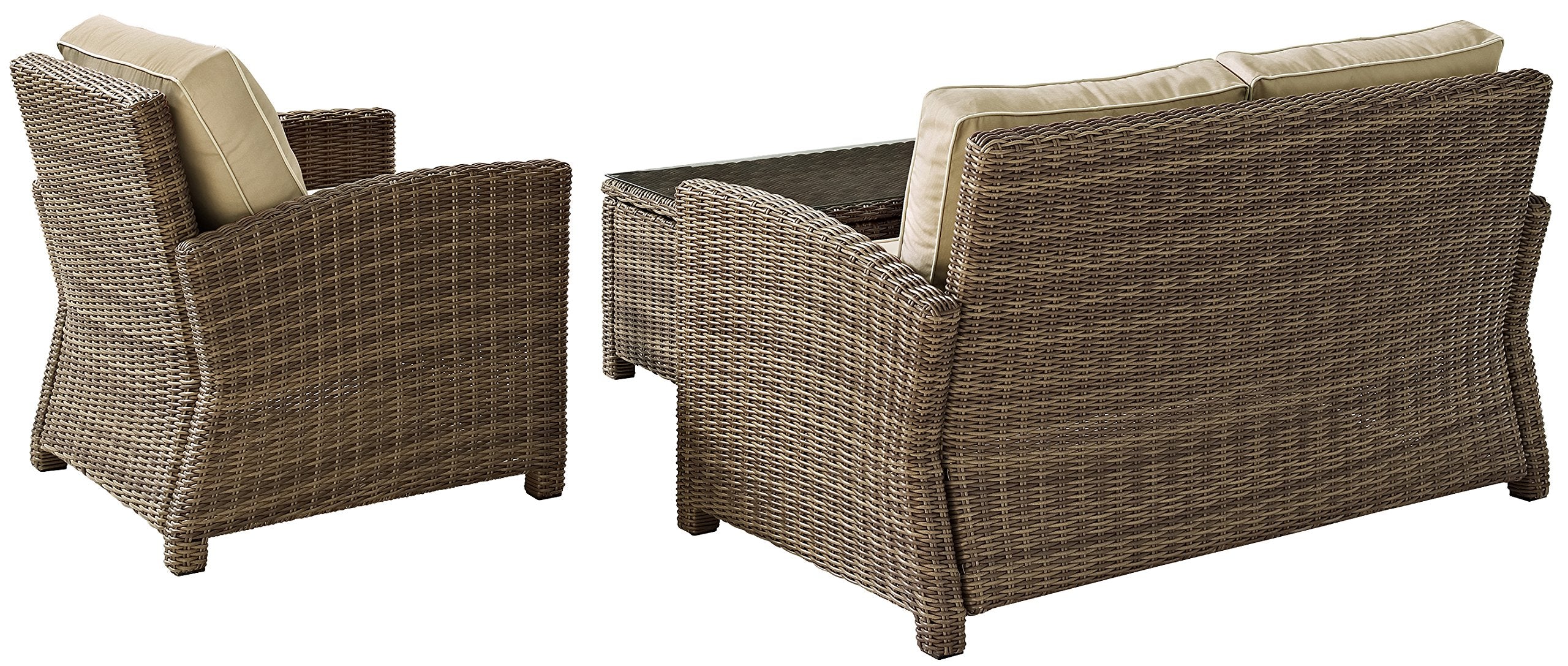 Crosley Furniture Bradenton 3-Piece Outdoor Loveseat Patio Furniture Set, Wicker Conversation Sets for Porch, Brown with Sand Cushions
