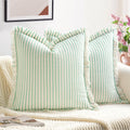 Zwjd Throw Pillow Covers 18X18 Set Of 2 Green Striped Pillow Covers With Fringe Chic Cotton Decorative Pillows Square Cushion Co
