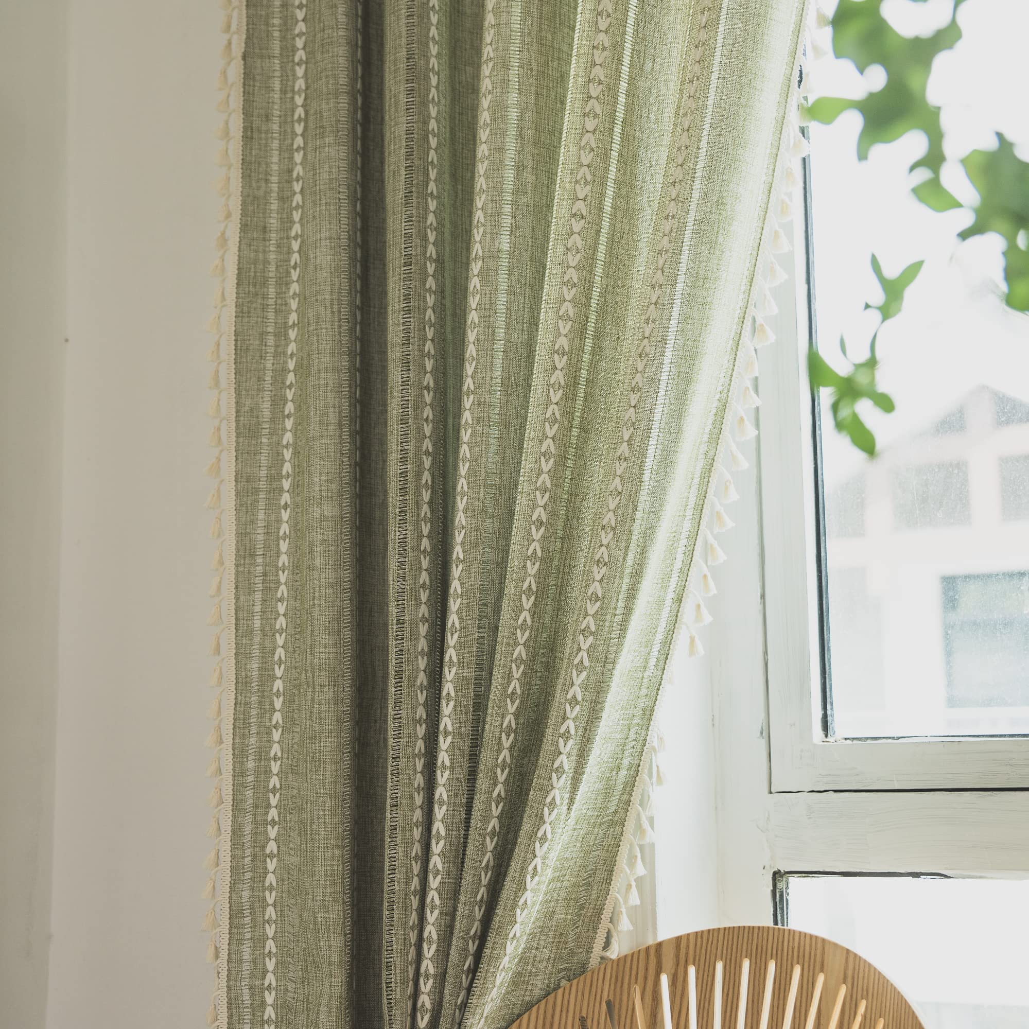 Sutuo Home Boho Curtains For Bedroom Living Room Kitchen, Semi-Blackout French Country Farmhouse Vintage Linen Shabby Chic Tassels Hollow Window Treatment Bohemian Drape, 1 Panel 52' W X 63' L, Green