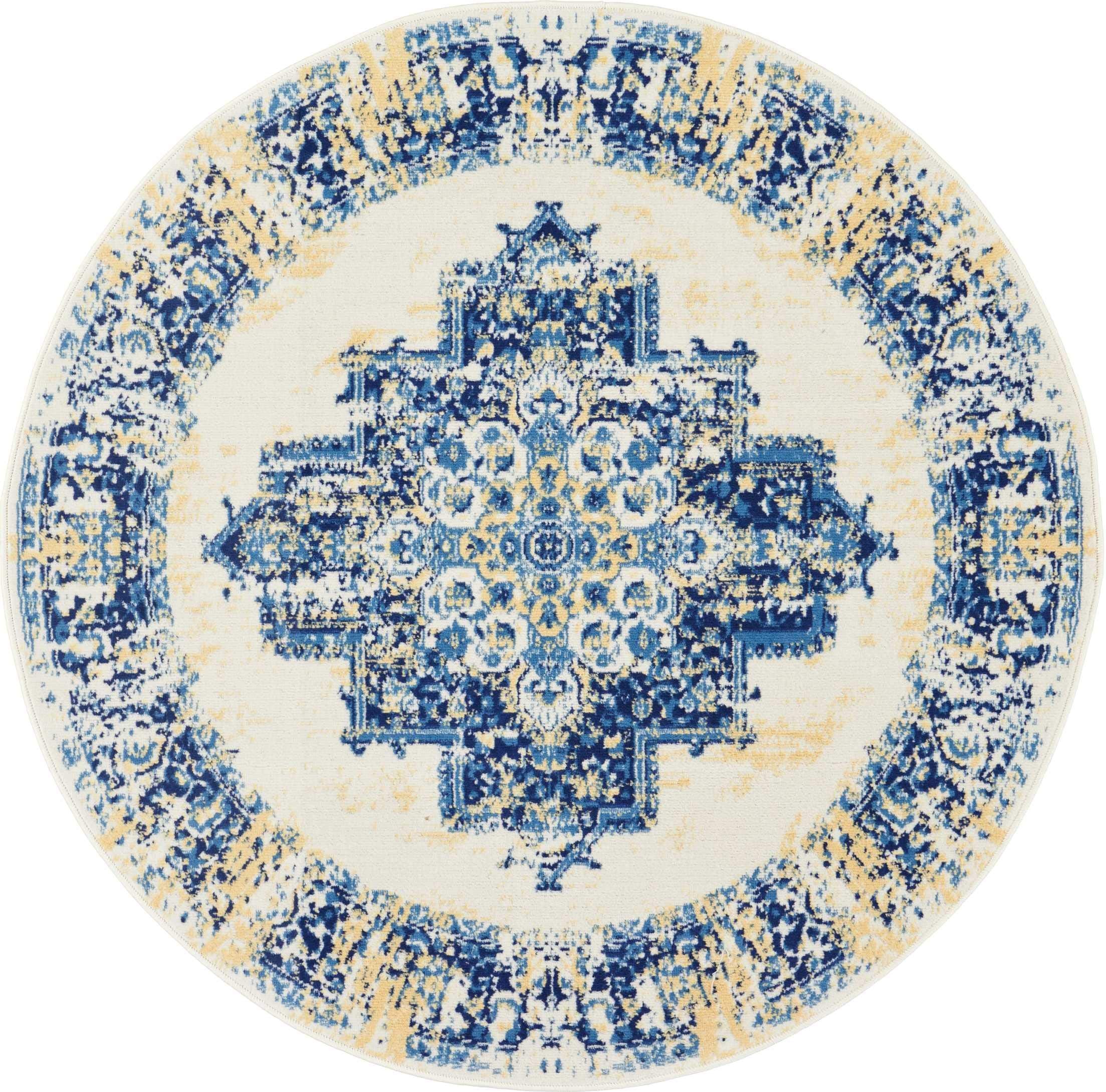 Nourison Grafix Traditional White 53 x Round Area-Rug, Easy-Cleaning, Non Shedding, Bed Room, Living Room, Dining Room, Kitch