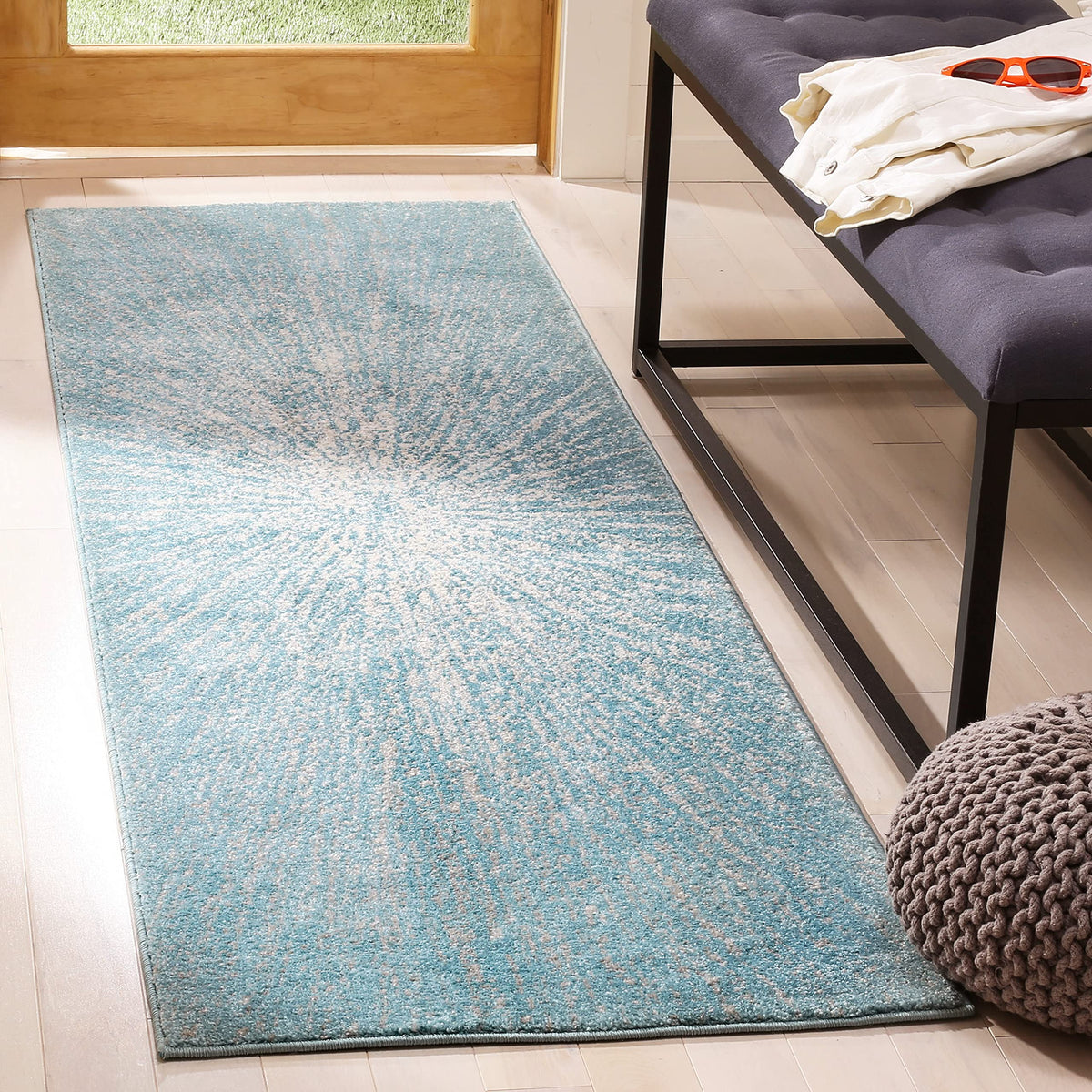 SAFAVIEH Evoke Collection 22 x 11 Aqua / Ivory EVK228J Abstract Burst Non-Shedding Living Room Bedroom Runner Rug