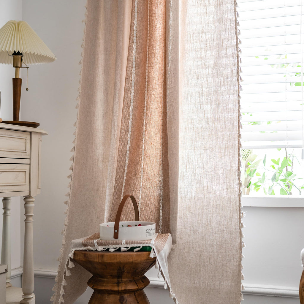 Sutuo Home Boho Curtains For Bedroom Living Room, Semi Blackout Linen Striped Farmhouse Vintage Tassels Window Treatment Bohemian Embroidery Drape, Rod Pocket 1 Panel 52' W X 120' L, Coffee Linen
