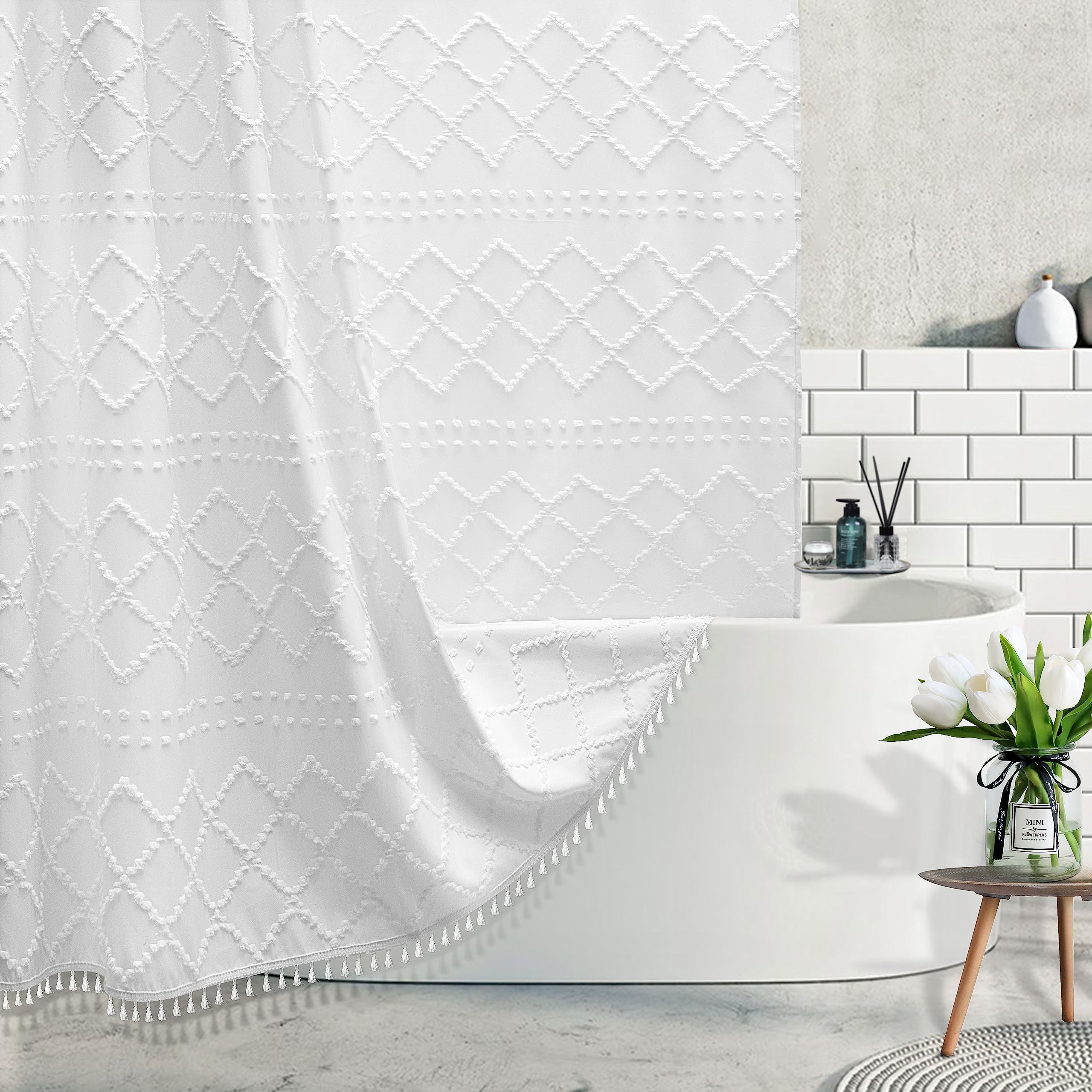 Extra Long White Textured Woven Fabric Boho Shower Curtain With Tassels 72 X 80 Modern Farmhouse Minimalist, Tufted Chevron Stri