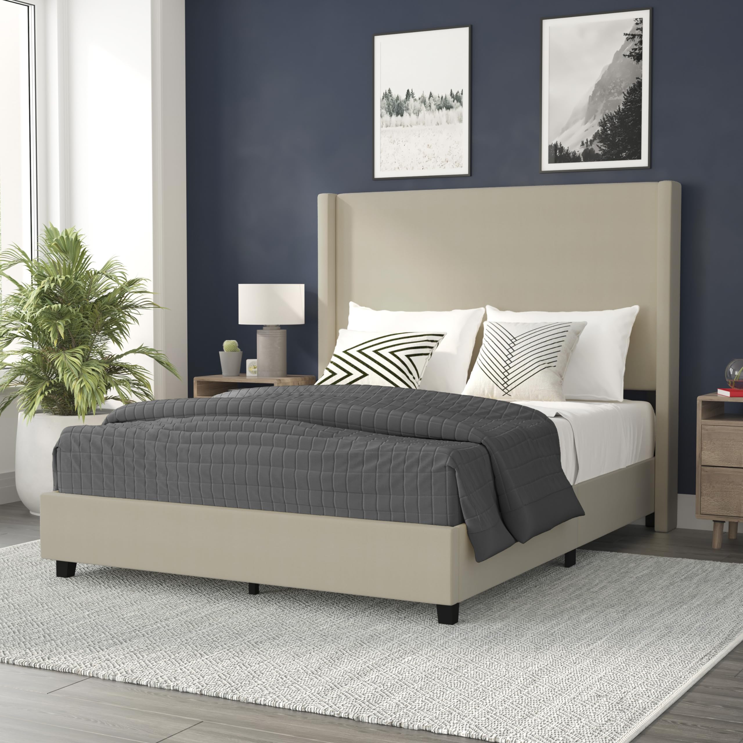 Flash Furniture Quinn Upholstered Platform Bed - Beige Channel Stitched Wingback Headboard - Queen - Mattress Foundation with Sl