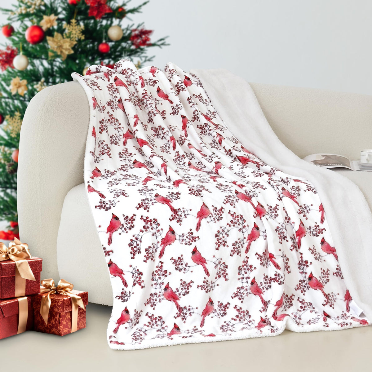 Elegant Comfort Reversible and Ultra-Plush Flannel Fleece-Winter Christmas Sherpa Throw- Lightweight Soft and Cozy-Holiday Decor