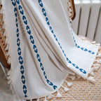 Sutuo Home Boho Curtains 84 Inches For Bedroom Living Room, Semi Blackout Farmhouse Vintage Tassels Window Treatment Bohemian Embroidery Drape, Rod Pocket 1 Panel 52' W X 84' L, White And Navy Blue