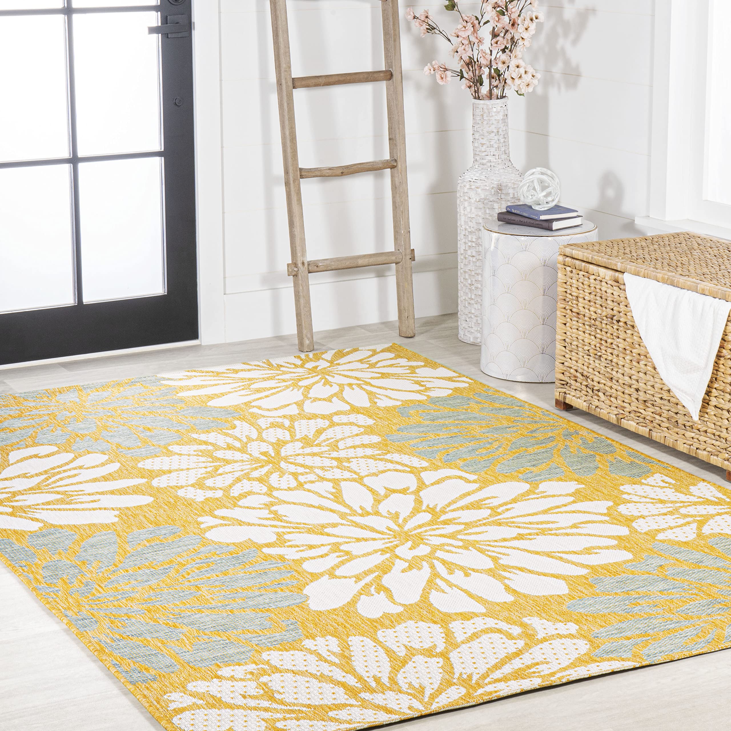 Jonathan Y Smb110G-5 Zinnia Modern Floral Textured Weave Indoor Outdoor Area-Rug, Bohemian Coastal Mediterranean Easy-Cleaning,B