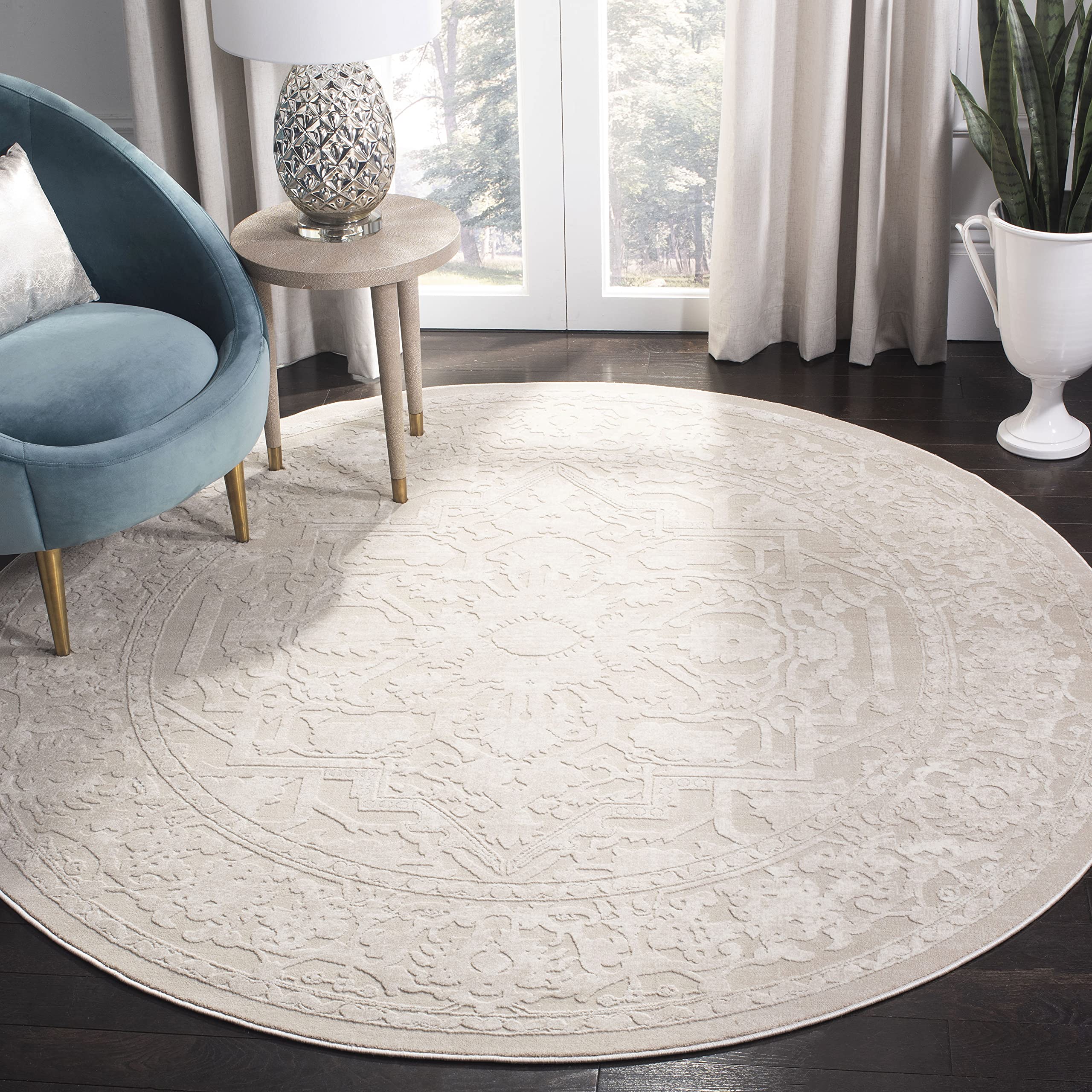 SAFAVIEH Reflection Collection Area Rug - 67 Round, Creme & Ivory, Boho Tribal Distressed Design, Non-Shedding & Easy Care, Ide