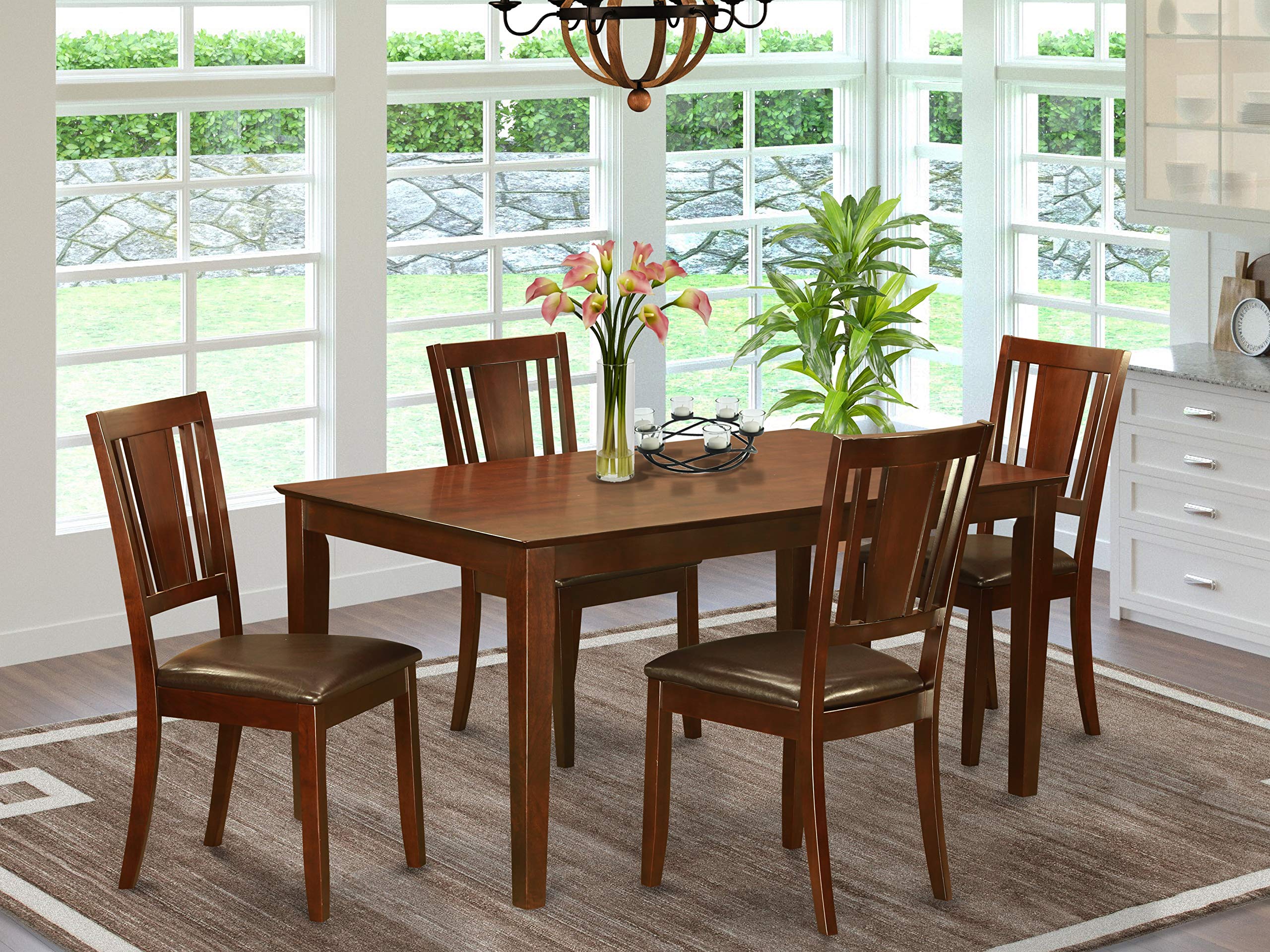 East West Furniture CADU5-MAH-LC Capri 5 Piece Room Set Includes a Rectangle Wooden Table and 4 Faux Leather Kitchen Dining Chairs, 36x60 Inch, Mahogany