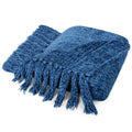 Pavilia Blue Throw Blanket For Couch, Twin Size Bed, Chenille Blanket For Sofa Bed, Soft Knit Woven Blanket With Tassel, Decorat
