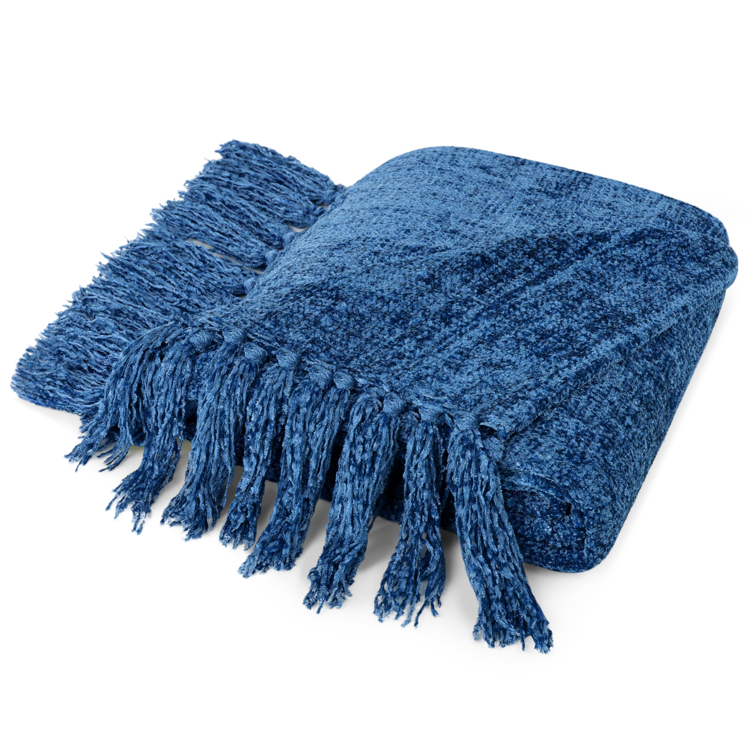 Pavilia Blue Throw Blanket For Couch, Twin Size Bed, Chenille Blanket For Sofa Bed, Soft Knit Woven Blanket With Tassel, Decorat