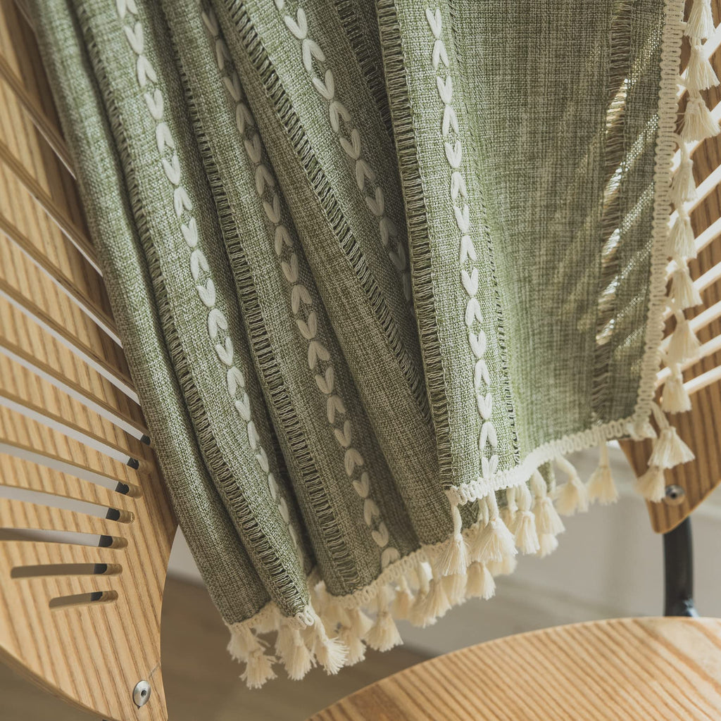 Sutuo Home Boho Curtains For Living Room Farmhouse, Semi-Blackout French Country Striped Linen Vintage Shabby Chic Tassels Hollow Window Treatment Bohemian Drape, 1 Panel 52' W X 90' L Green