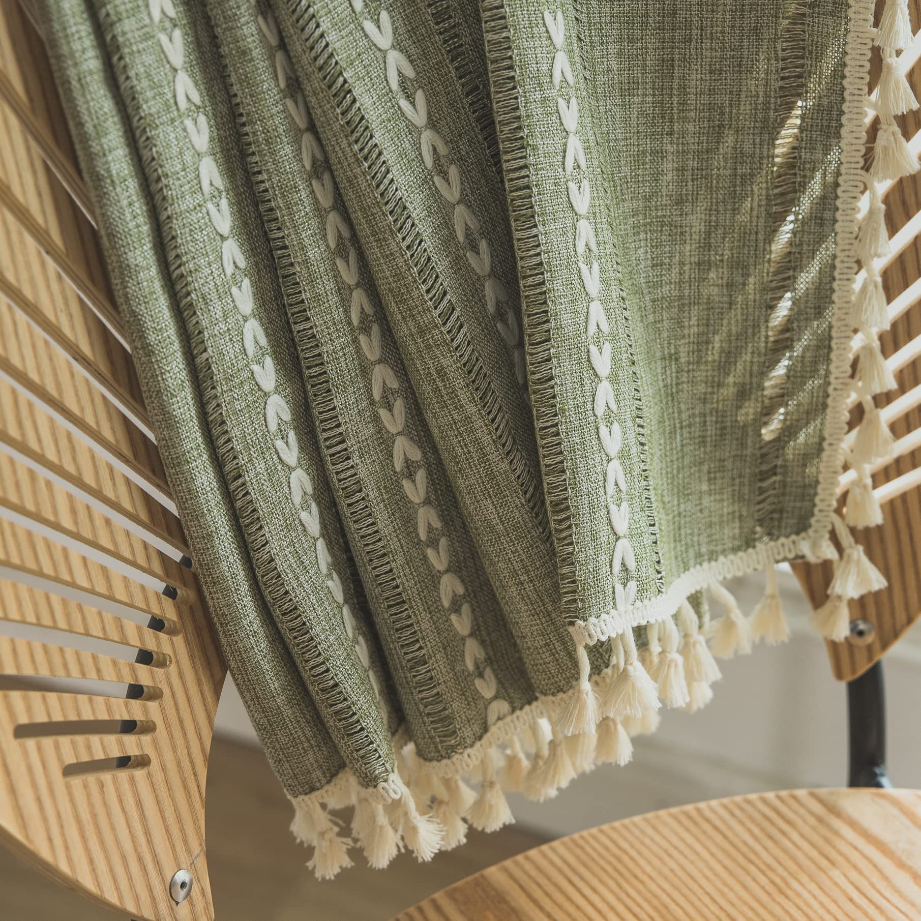 Sutuo Home Boho Curtains For Living Room Farmhouse, Semi-Blackout French Country Striped Linen Vintage Shabby Chic Tassels Hollow Window Treatment Bohemian Drape, 1 Panel 52' W X 90' L Green